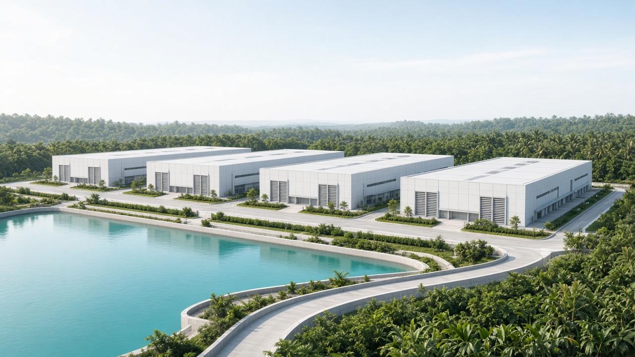 Daylight concept of the Bintan AI campus with four data halls beside a reservoir